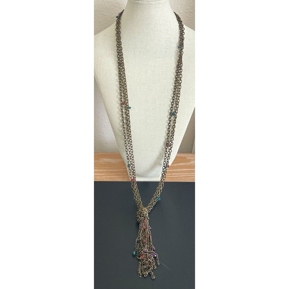 Bronze Tone Multistrand Multicolor Bead Round Link Chain Tassel Necklace